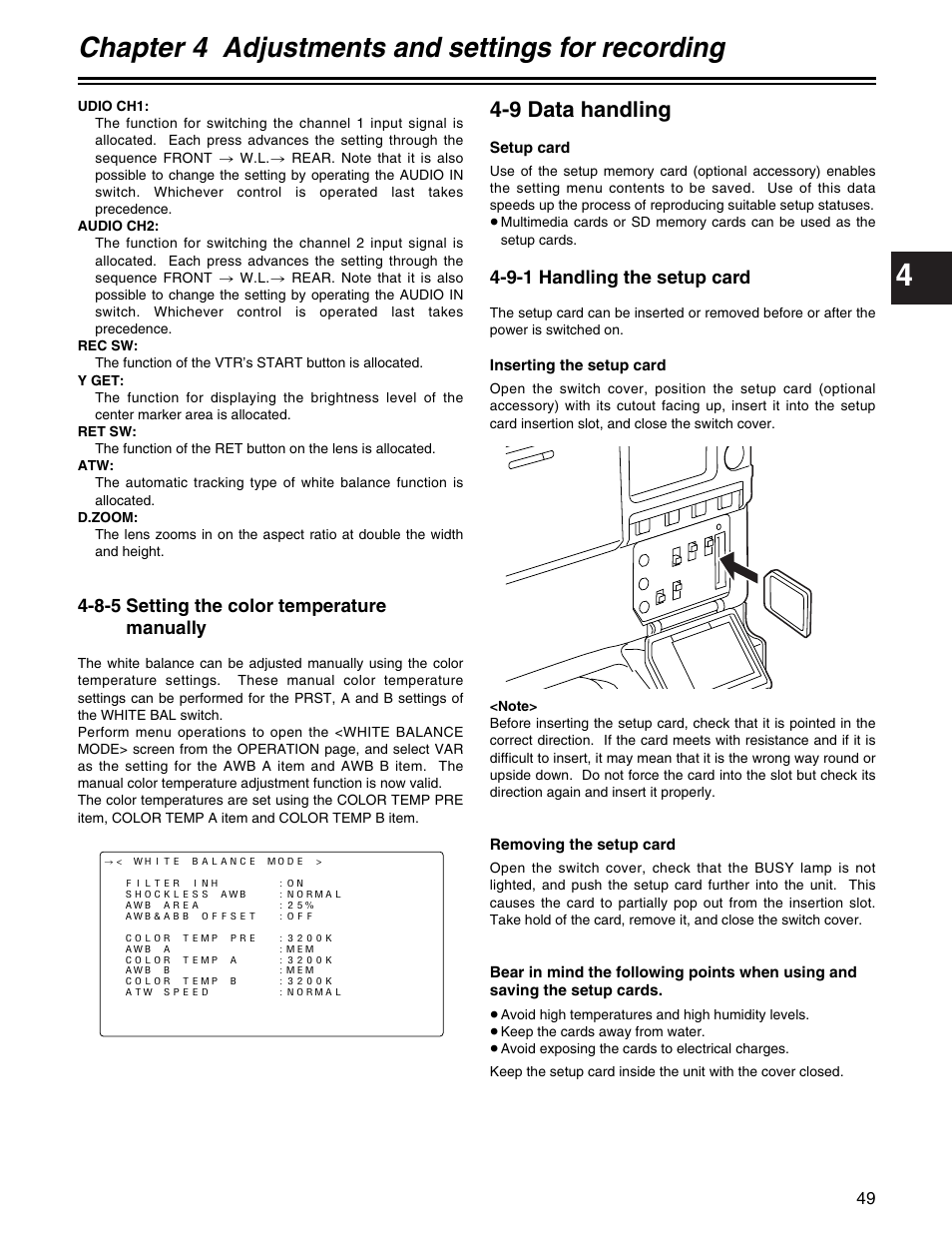 Chapter 4 adjustments and settings for recording, 9 data handling | Panasonic AJ- E User Manual | Page 49 / 108
