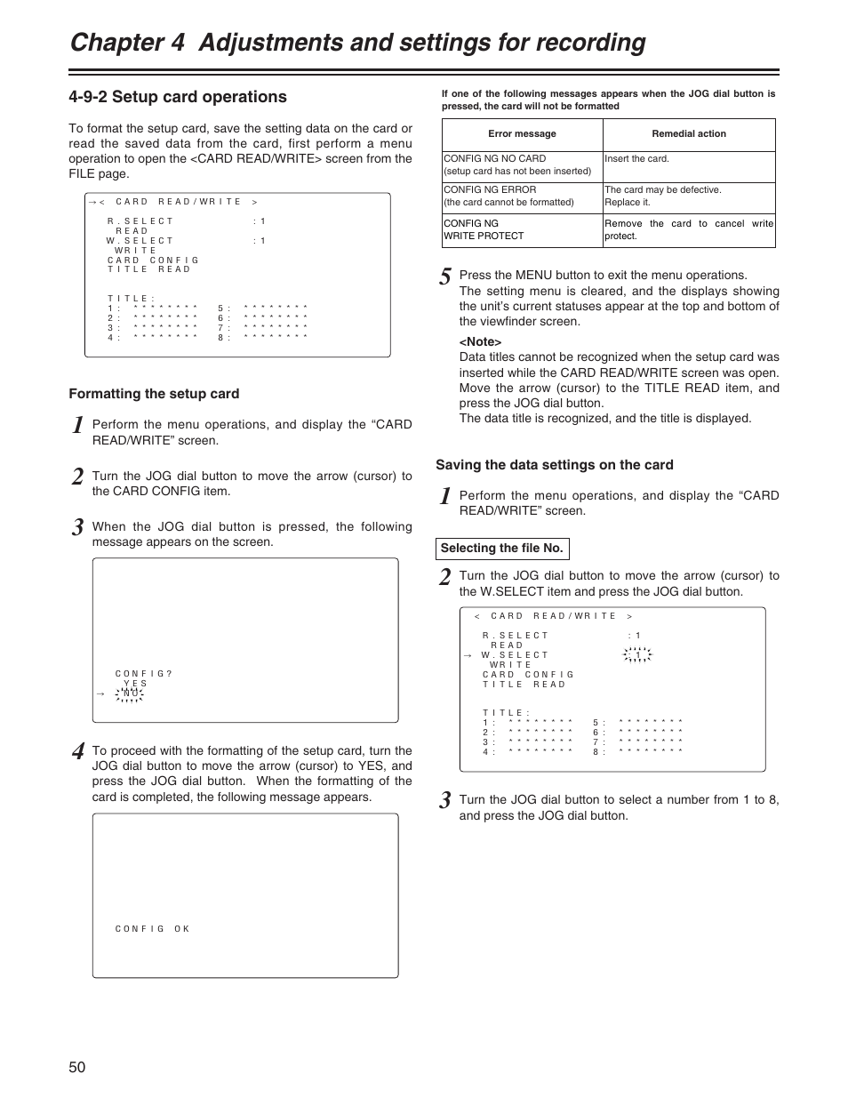 Chapter 4 adjustments and settings for recording, 9-2 setup card operations | Panasonic AJ- E User Manual | Page 50 / 108