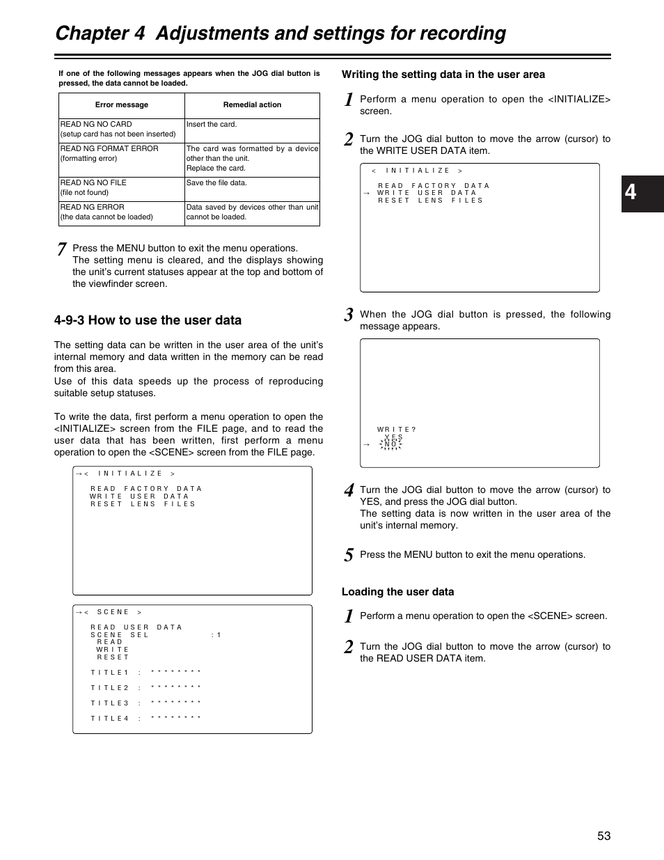 Chapter 4 adjustments and settings for recording, 9-3 how to use the user data | Panasonic AJ- E User Manual | Page 53 / 108