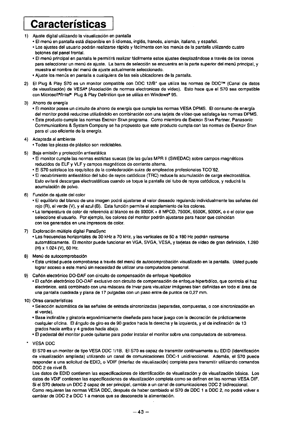 Características | Panasonic PanaSync S70 User Manual | Page 48 / 65