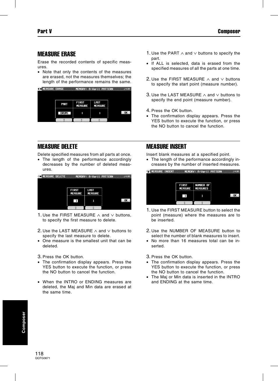 Measure erase, Measure delete, Measure insert | Part v composer | Panasonic SX-KN7000 User Manual | Page 118 / 211