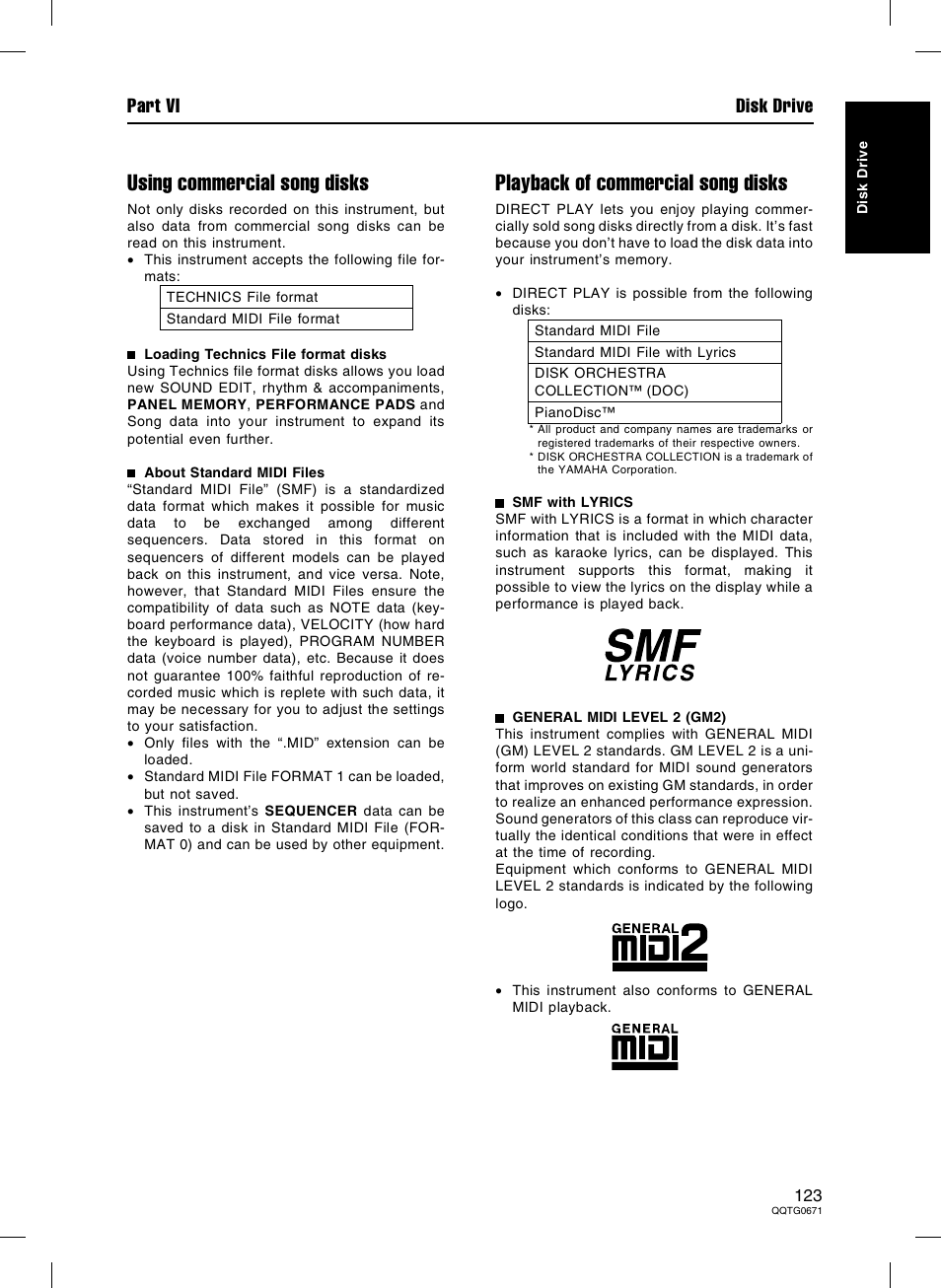 Using commercial song disks, Playback of commercial song disks, Part vi disk drive | Panasonic SX-KN7000 User Manual | Page 123 / 211