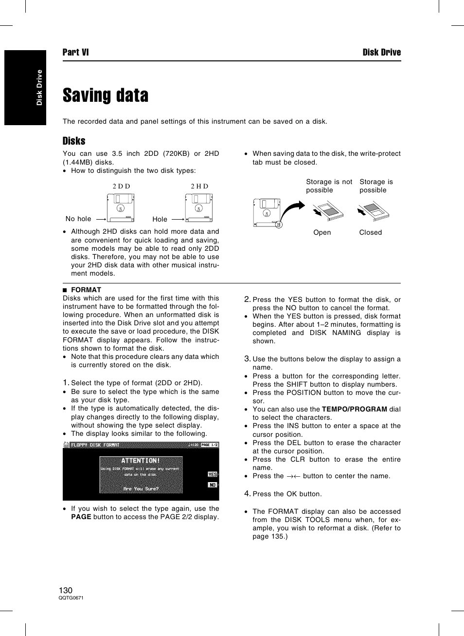 Saving data, Disks, Part vi disk drive | Panasonic SX-KN7000 User Manual | Page 130 / 211