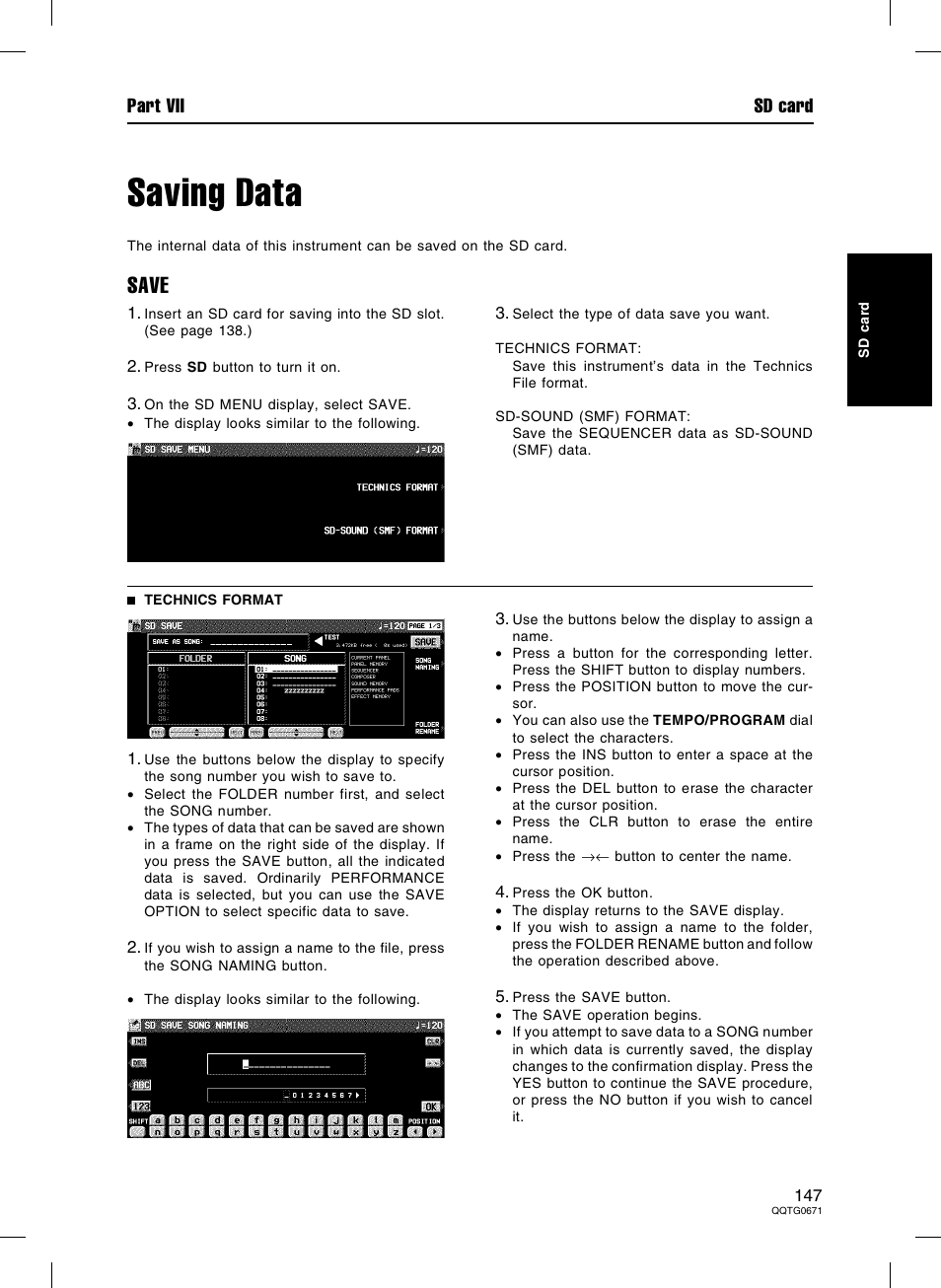Saving data, Save, Part vii sd card | Panasonic SX-KN7000 User Manual | Page 147 / 211