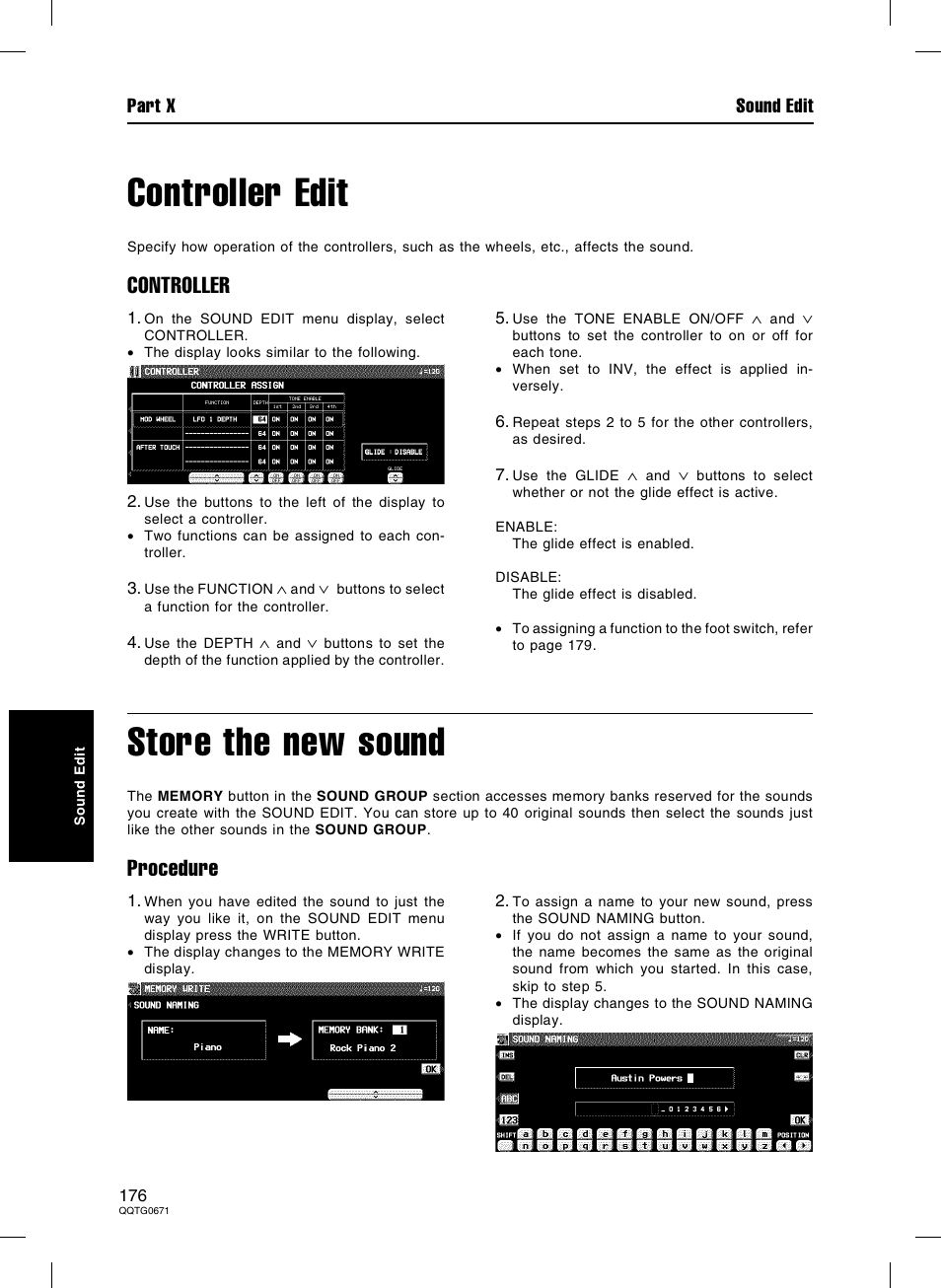 Controller edit, Store the new sound, Controller | Procedure | Panasonic SX-KN7000 User Manual | Page 176 / 211