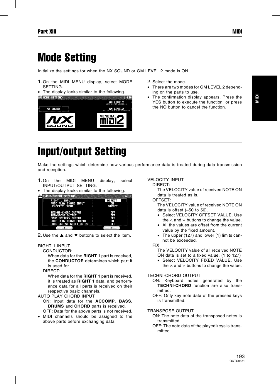 Mode setting, Input/output setting, Part xiii midi | Panasonic SX-KN7000 User Manual | Page 193 / 211