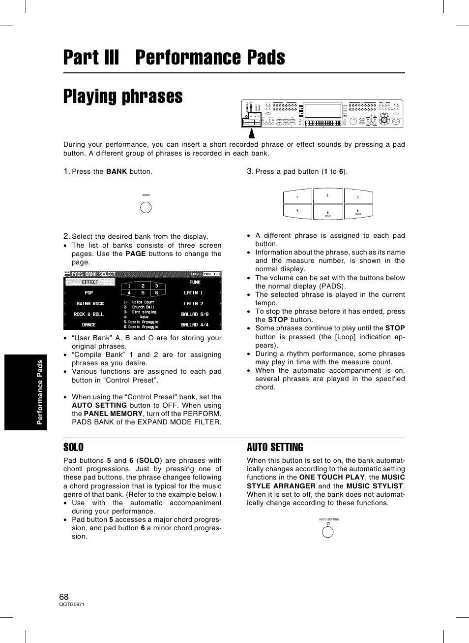 Part iii performance pads, Playing phrases, Solo | Auto setting | Panasonic SX-KN7000 User Manual | Page 68 / 211