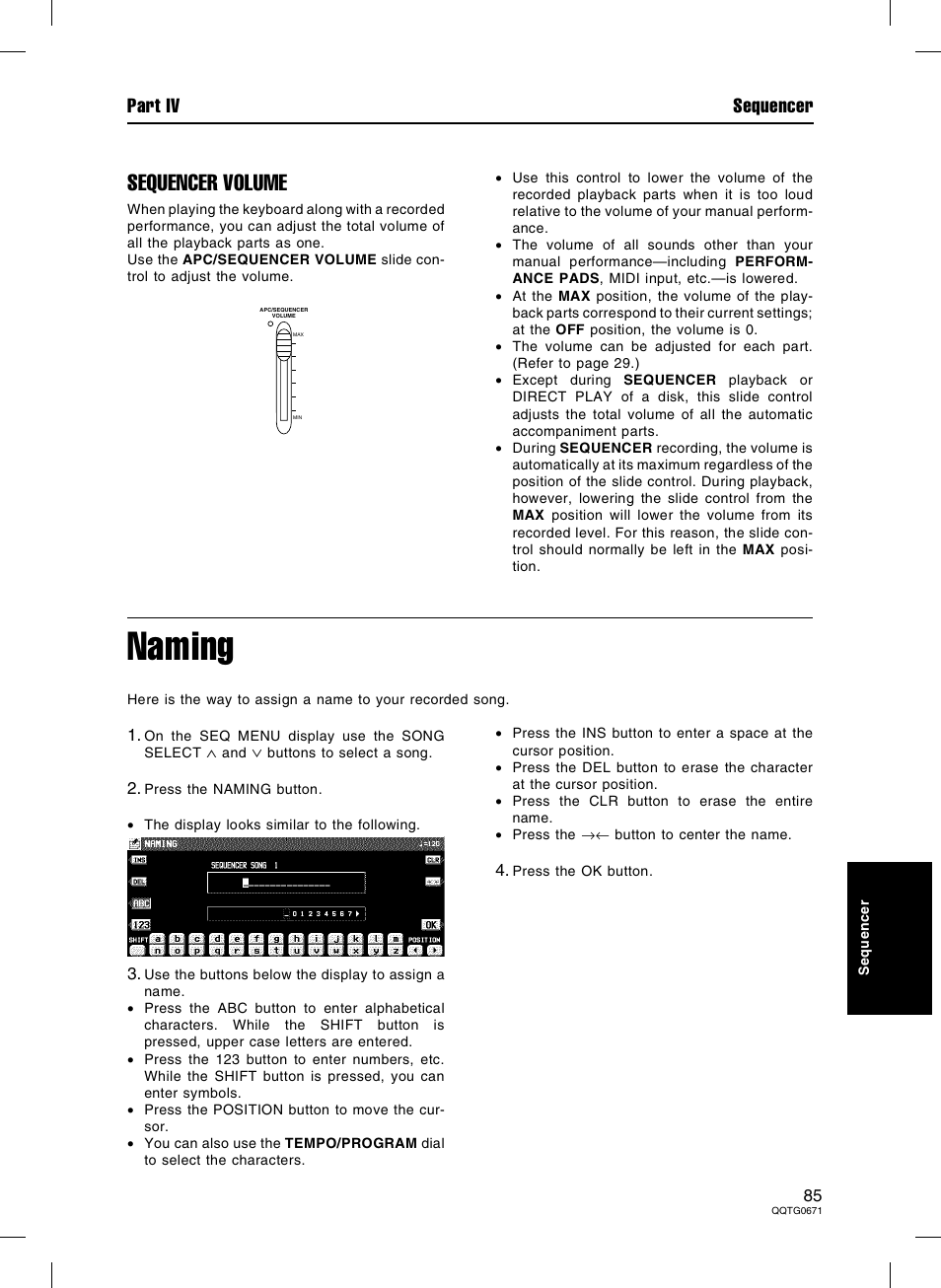 Naming, Sequencer volume, Part iv sequencer | Panasonic SX-KN7000 User Manual | Page 85 / 211