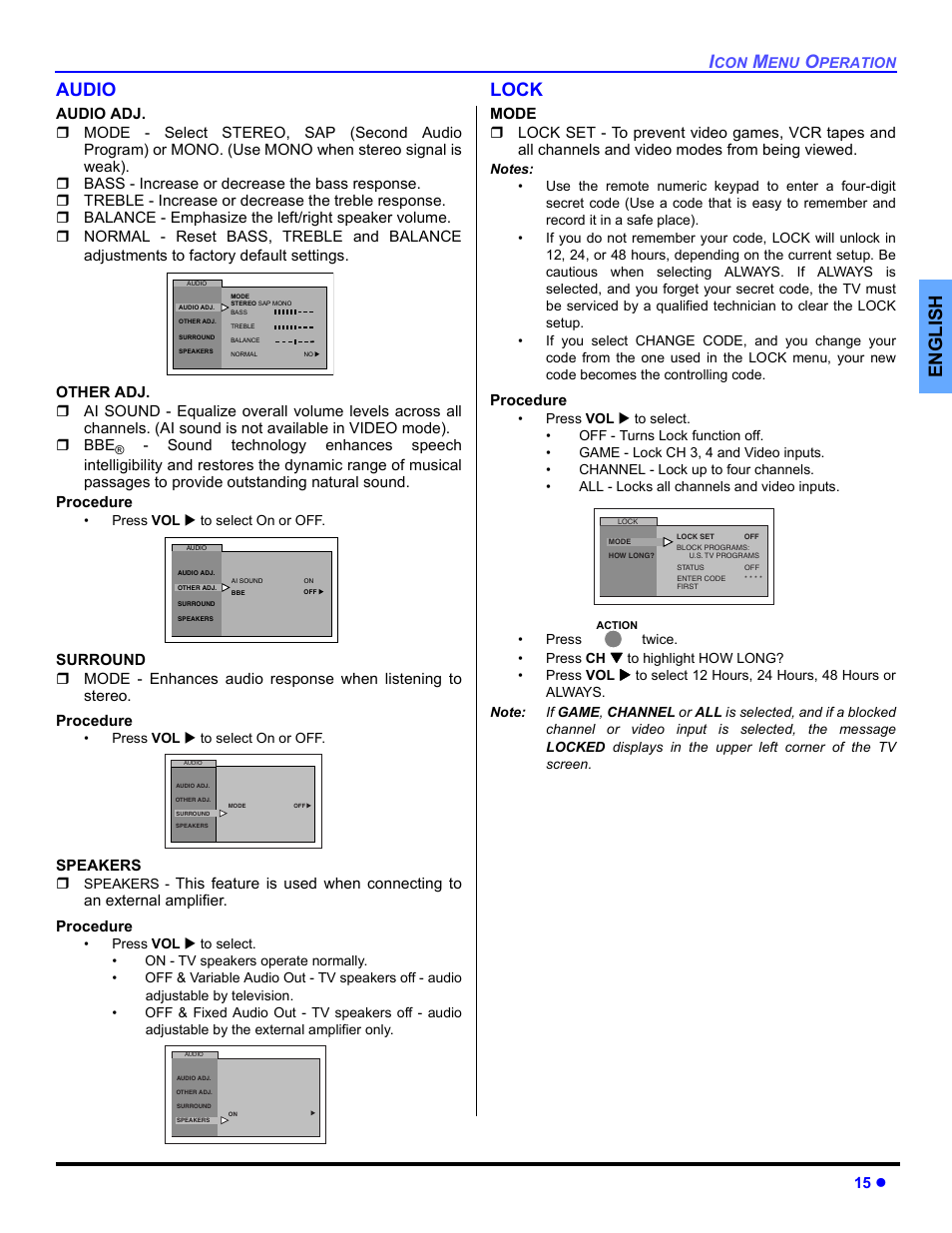 Audio, Lock, En gli s h audio | Panasonic CT 27SL33 User Manual | Page 17 / 81