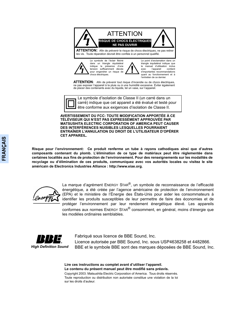Attention, Françai s | Panasonic CT 27SL33 User Manual | Page 50 / 81