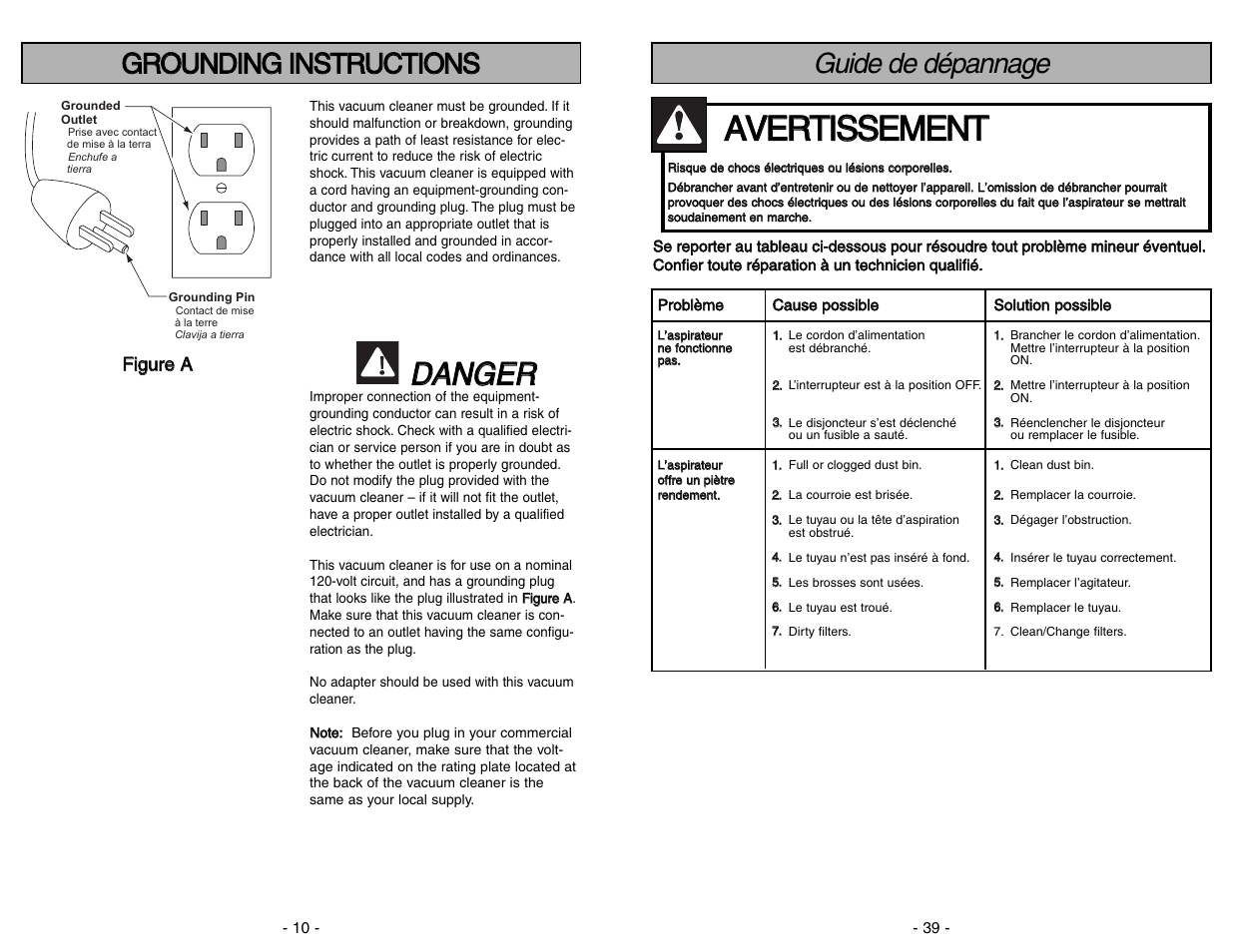 Grounding instructions, Aav ve er rt tiis ss se em me en nt t, Dda an ng ge er r | Guide de dépannage | Panasonic MC-V414 User Manual | Page 10 / 48