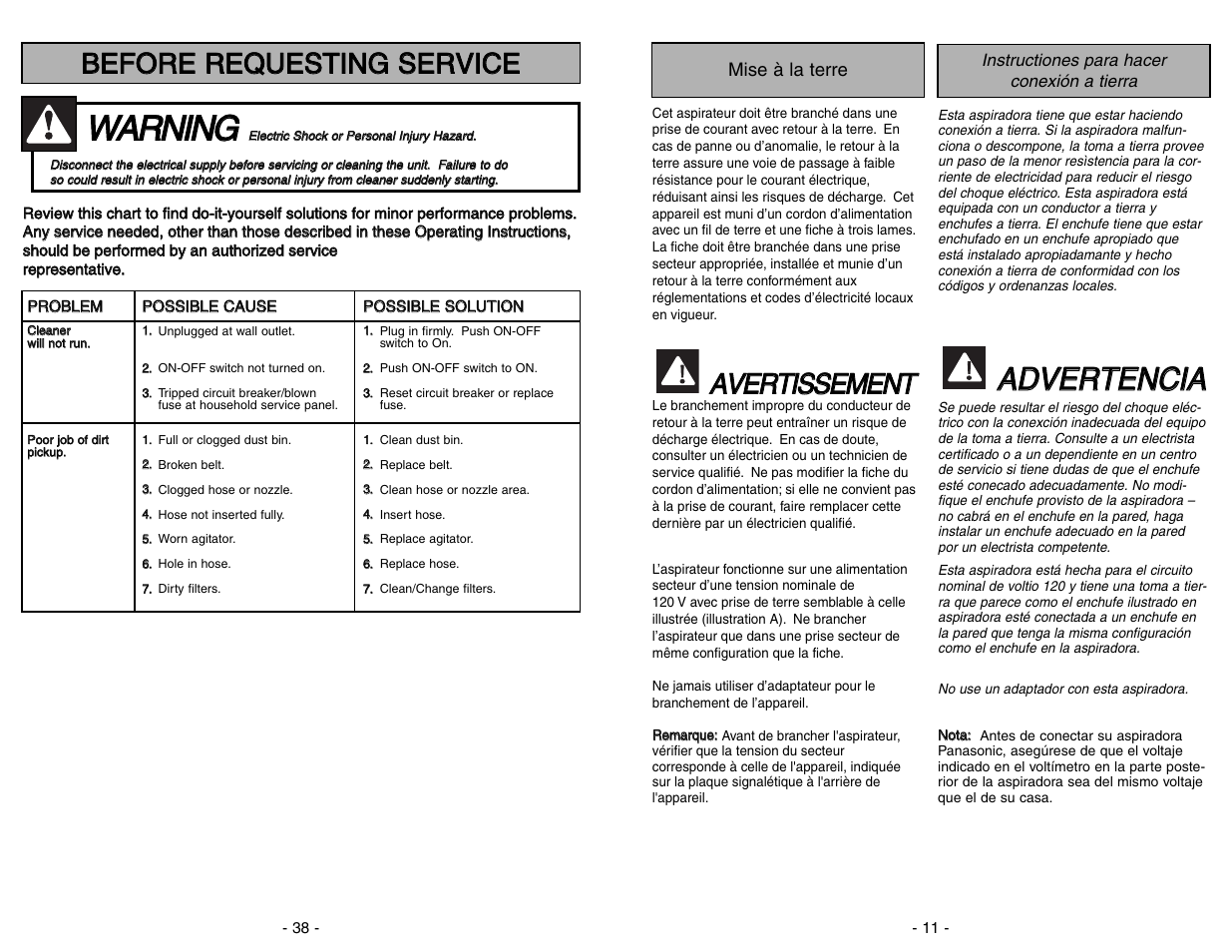 Before requesting service, Wwa ar rn niin ng g, Aad dv ve er rt te en nc ciia a | Aav ve er rt tiis ss se em me en nt t | Panasonic MC-V414 User Manual | Page 38 / 48