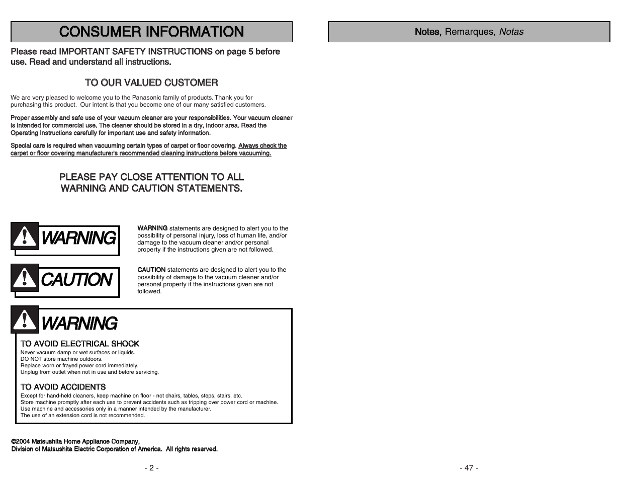 Wwa ar rn niin ng g, Cca au ut tiio on n | Panasonic MC-V414 User Manual | Page 47 / 48