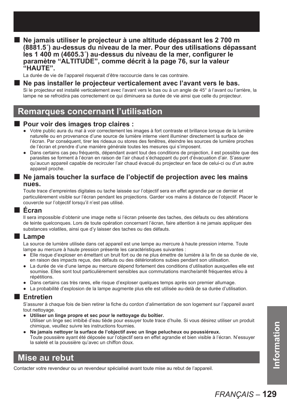 129 information, Remarques concernant l’utilisation, Mise au rebut | Français | Panasonic PT-D10000U User Manual | Page 129 / 132