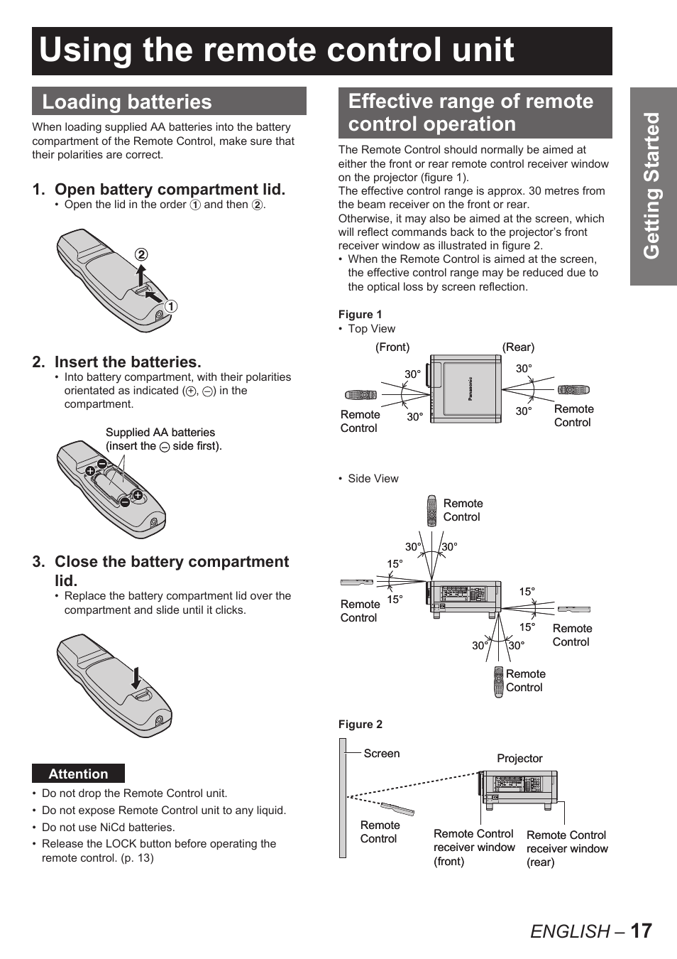Using the remote control unit, 17 getting started loading batteries, Effective range of remote control operation | English, Open battery compartment lid, Insert the batteries, Close the battery compartment lid | Panasonic PT-D10000U User Manual | Page 17 / 132