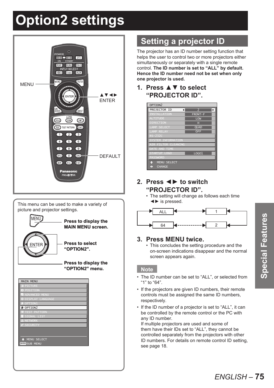 Option2 settings, 75 special features setting a projector id, English | Press menu twice | Panasonic PT-D10000U User Manual | Page 75 / 132