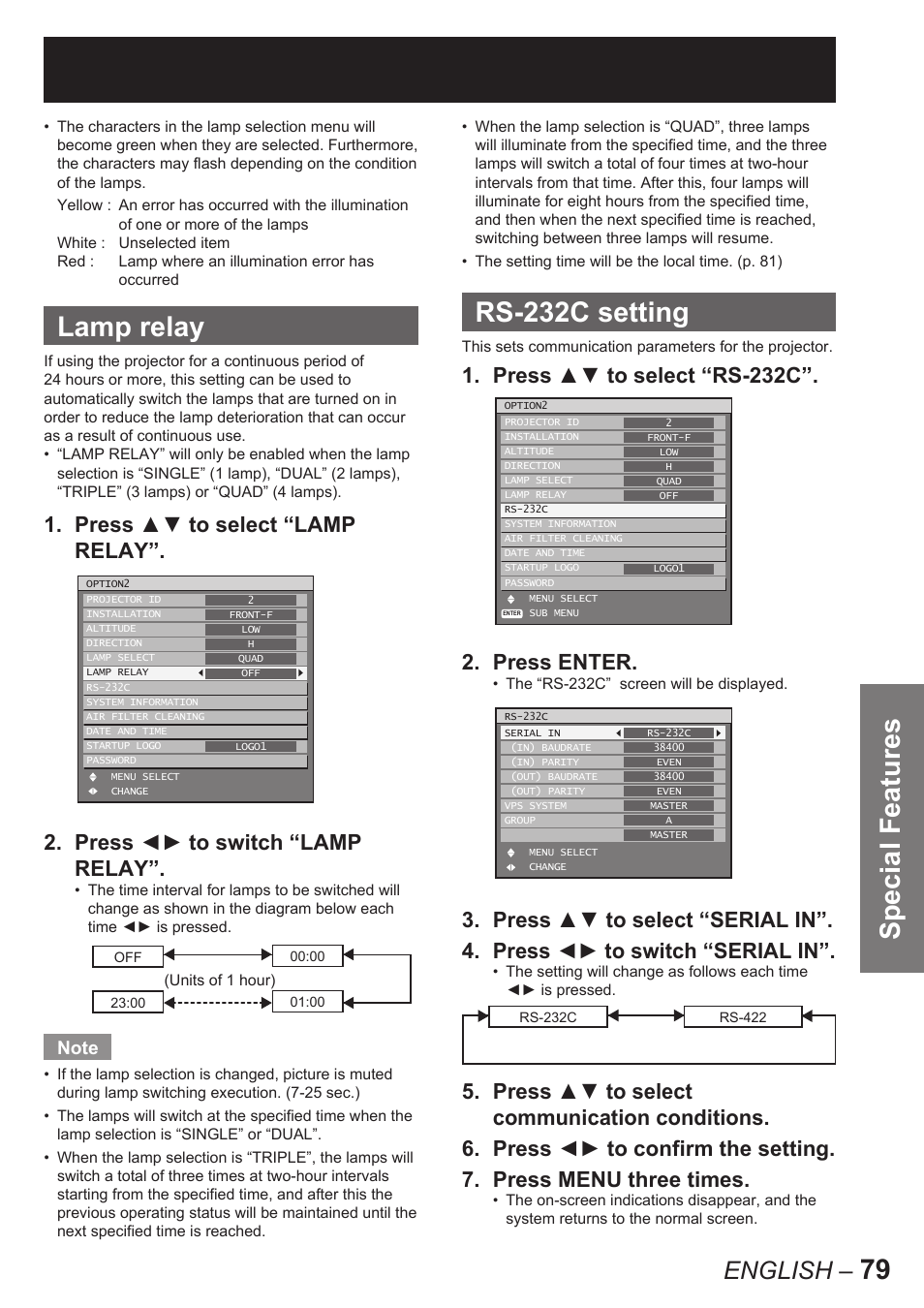 79 special features, Lamp relay, Rs-232c setting | English, Press ▲▼ to select “rs-232c”. 2. press enter | Panasonic PT-D10000U User Manual | Page 79 / 132