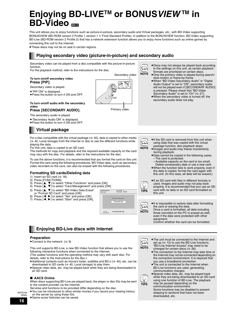 Different kinds of playback for bd-video, Virtual package, Enjoying bd-live discs with internet | View, Enjoying bd-live, Or bonus | Panasonic DMP-BD50 User Manual | Page 16 / 50