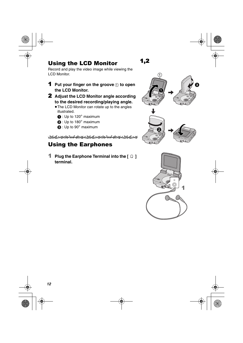 Using the lcd monitor, Using the earphones 1 | Panasonic SV-AV20U User Manual | Page 12 / 62