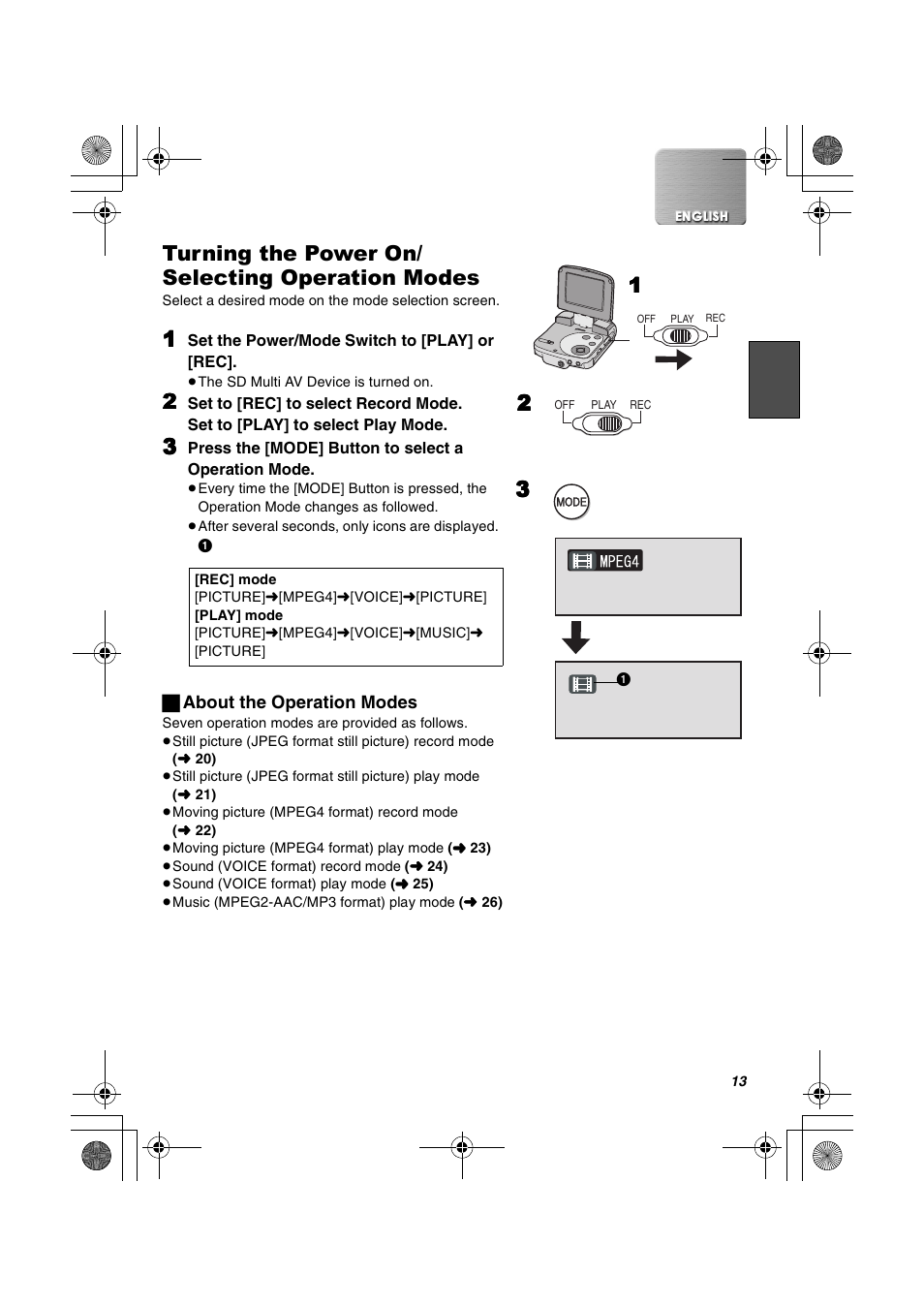 Turning the power on/ selecting operation modes | Panasonic SV-AV20U User Manual | Page 13 / 62