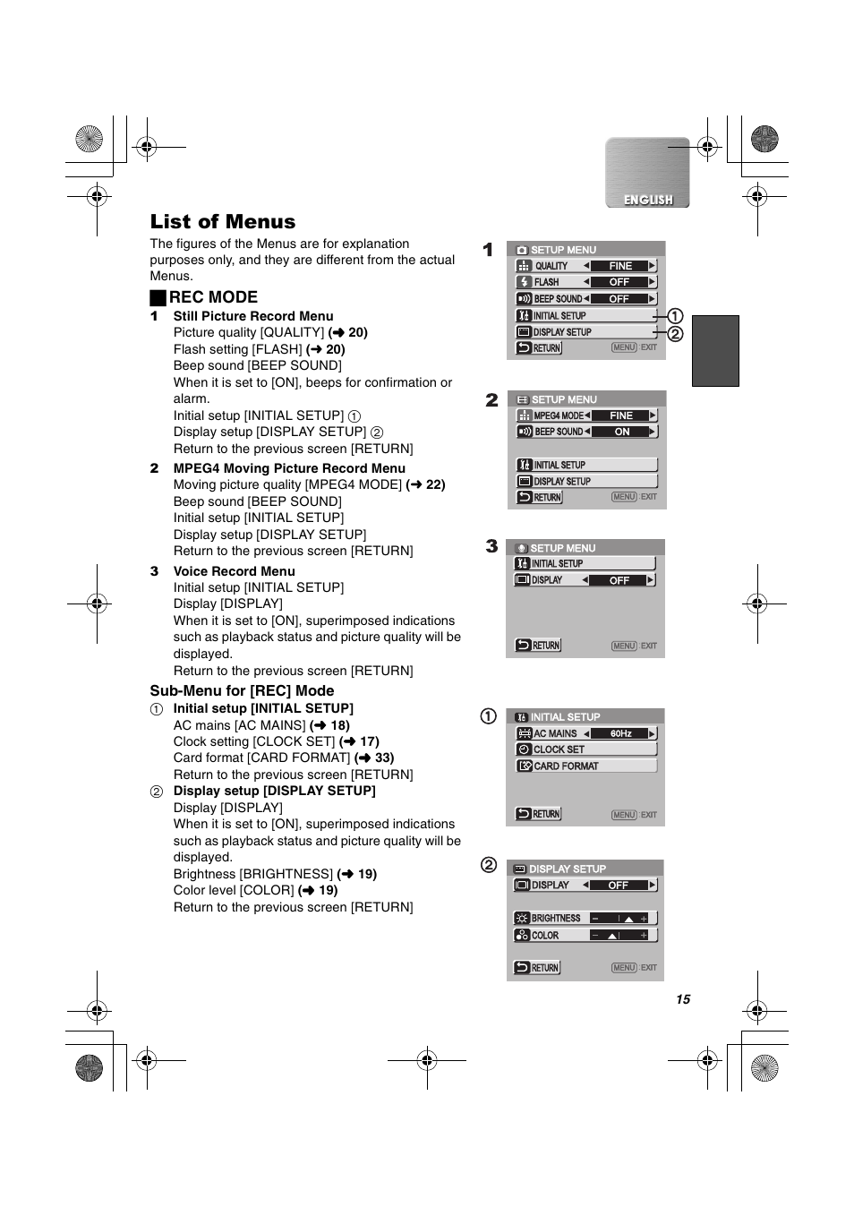 List of menus, ª rec mode | Panasonic SV-AV20U User Manual | Page 15 / 62