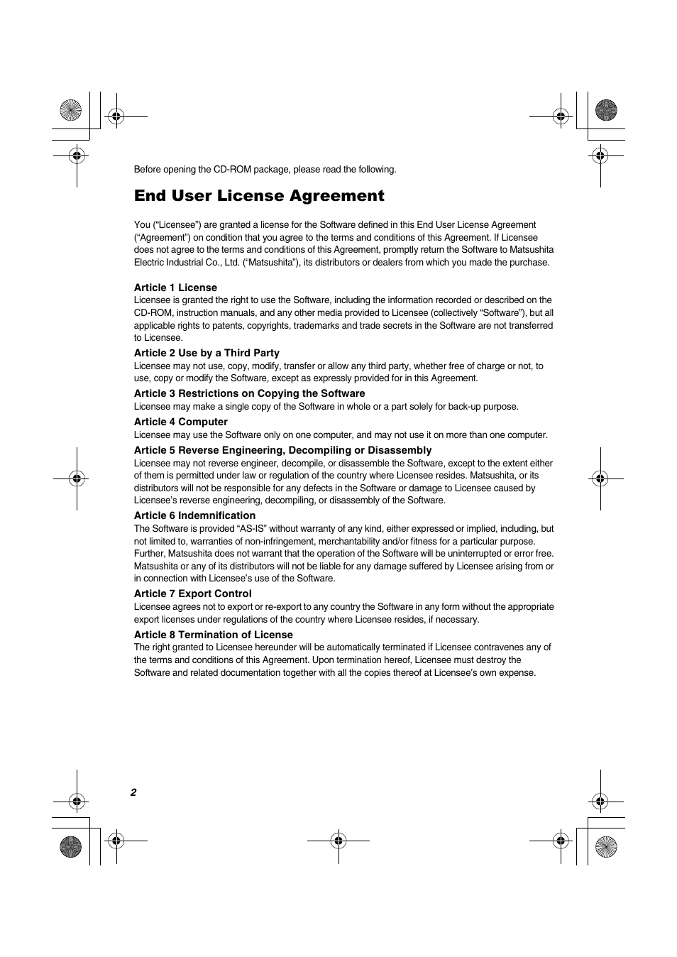 End user license agreement | Panasonic SV-AV20U User Manual | Page 2 / 62