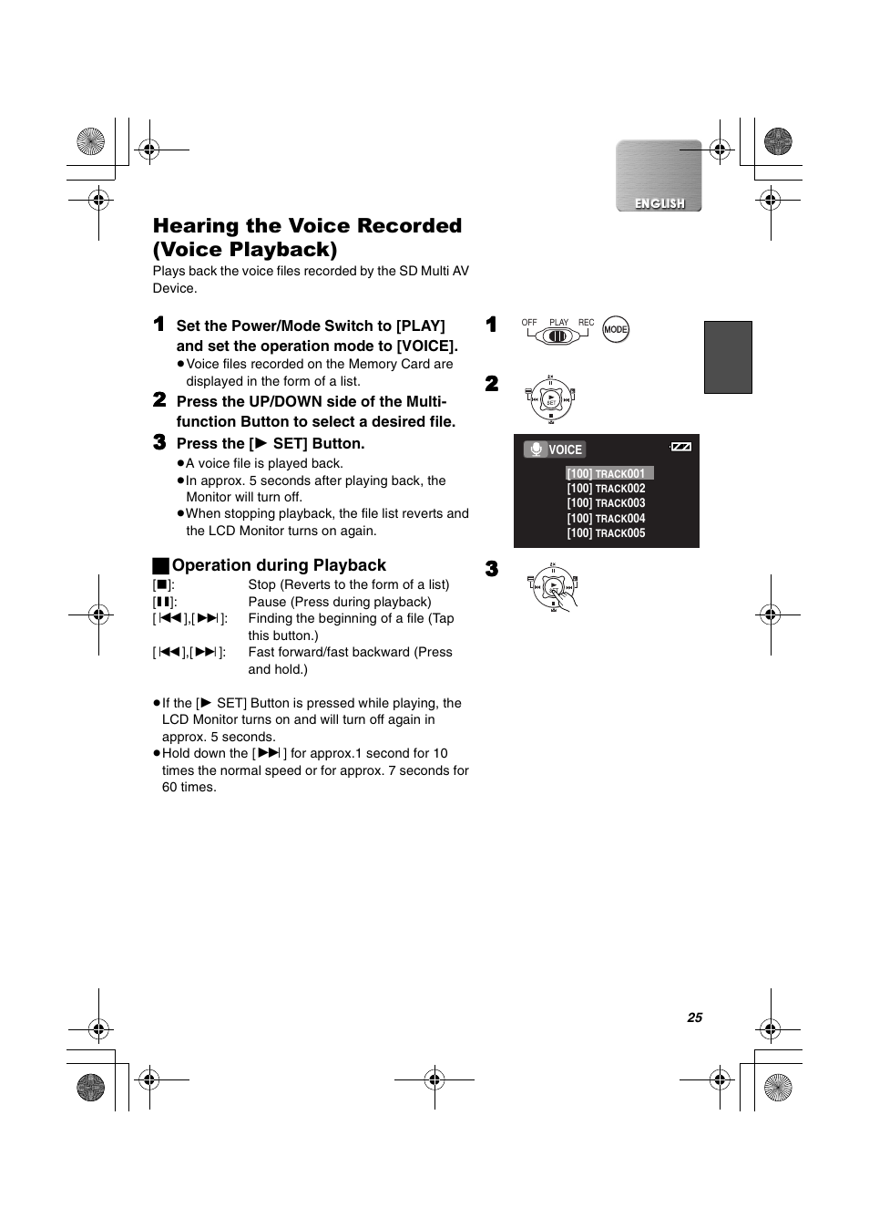 Hearing the voice recorded (voice playback) | Panasonic SV-AV20U User Manual | Page 25 / 62
