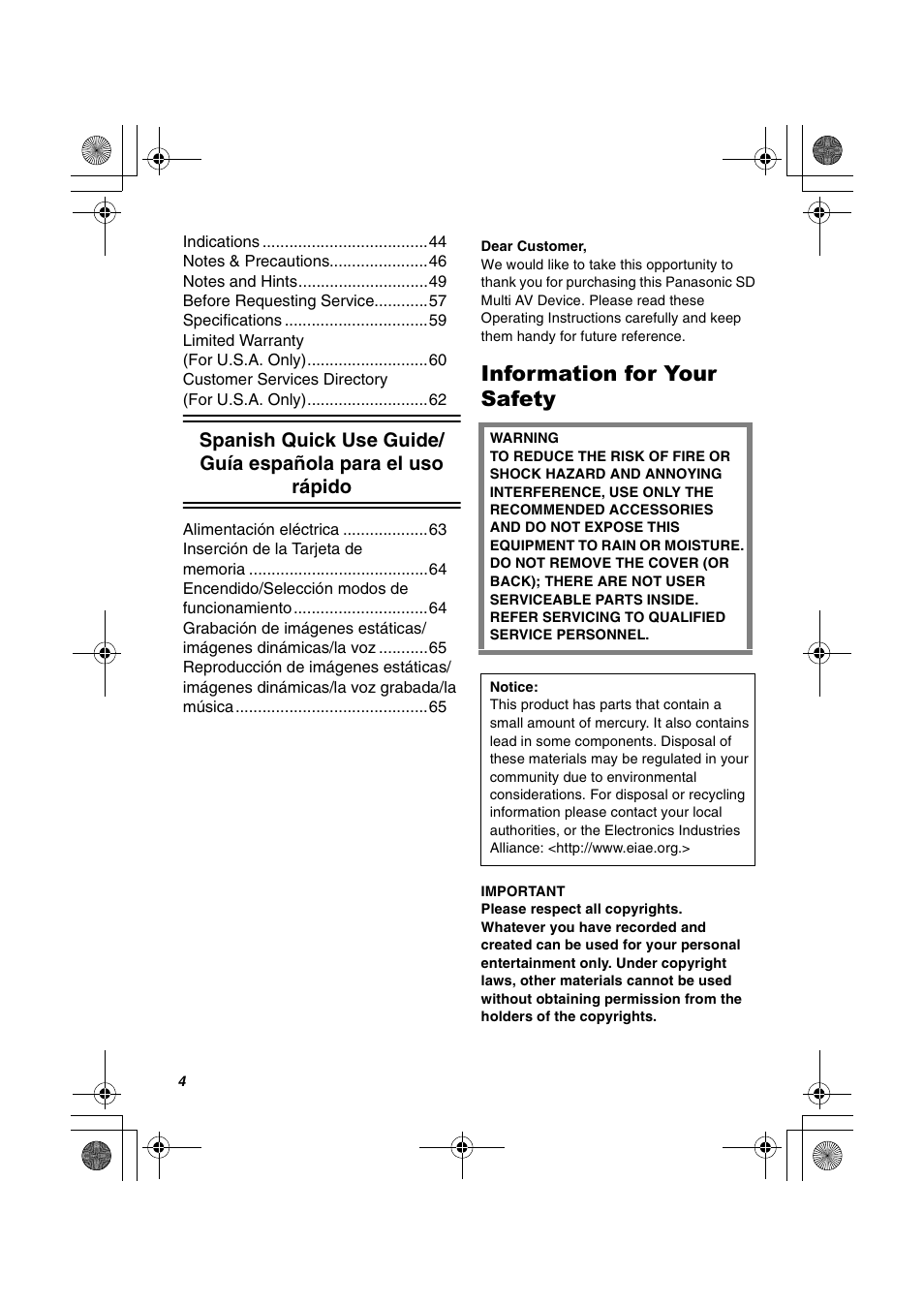 Information for your safety | Panasonic SV-AV20U User Manual | Page 4 / 62