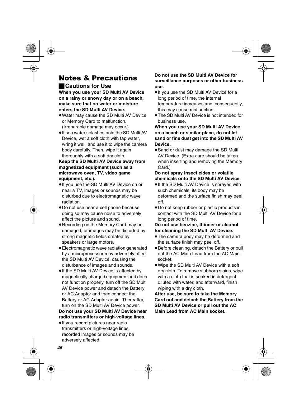 ª cautions for use | Panasonic SV-AV20U User Manual | Page 46 / 62