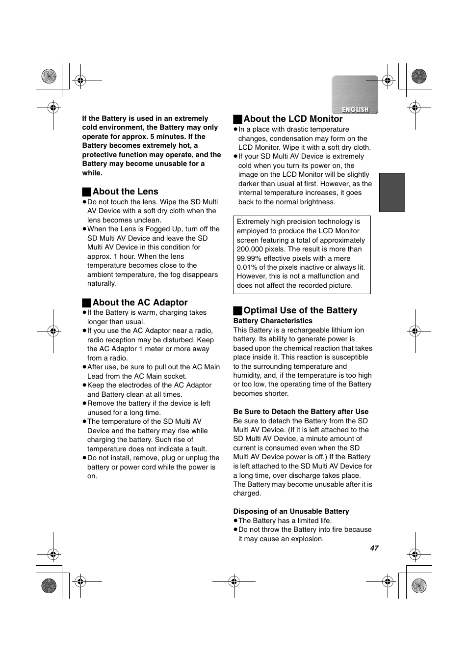 ª about the lens, ª about the ac adaptor, ª about the lcd monitor | ª optimal use of the battery | Panasonic SV-AV20U User Manual | Page 47 / 62