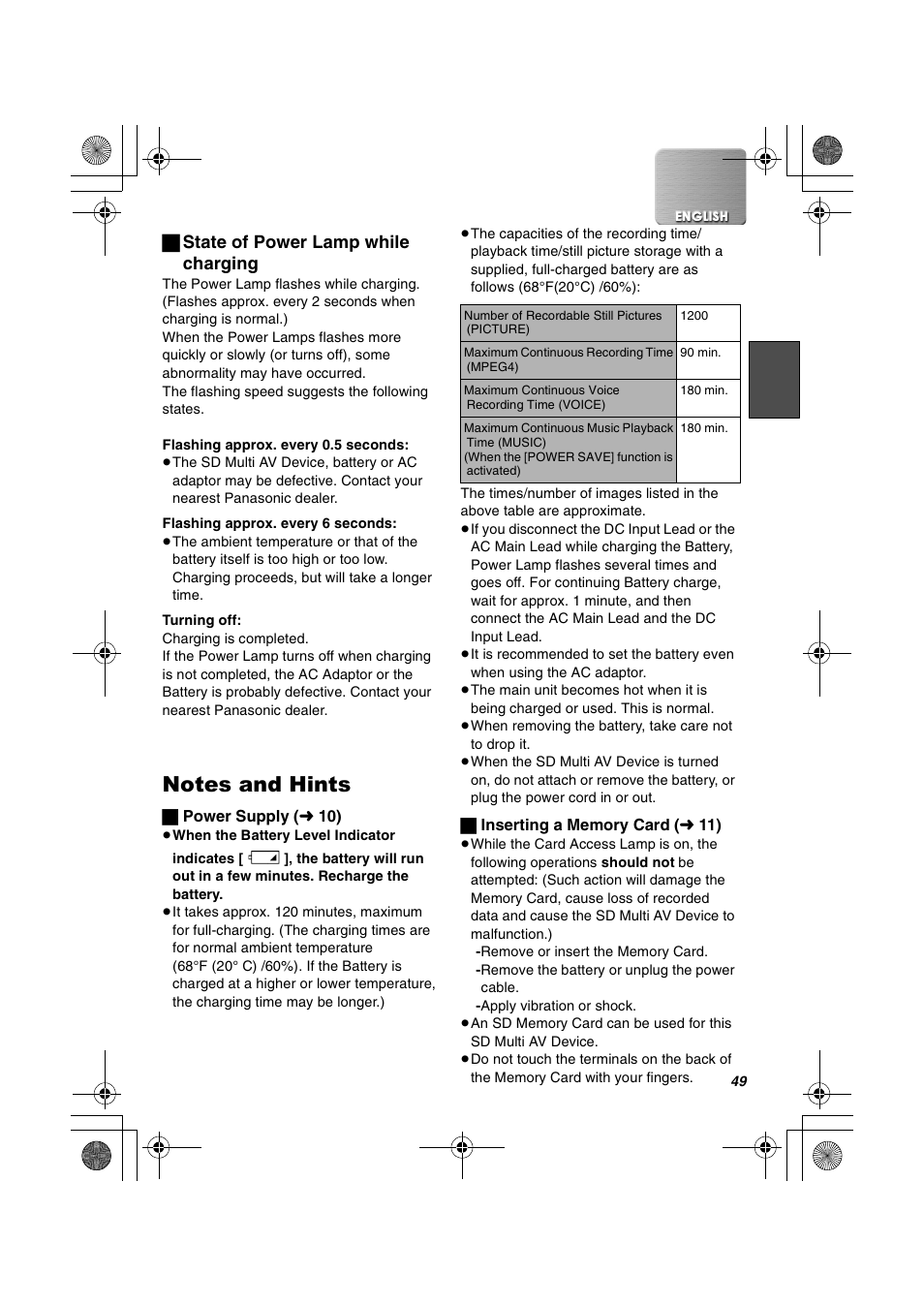 ª state of power lamp while charging | Panasonic SV-AV20U User Manual | Page 49 / 62