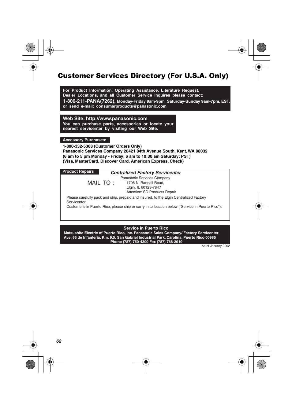 Customer services directory (for u.s.a. only), Mail to | Panasonic SV-AV20U User Manual | Page 62 / 62