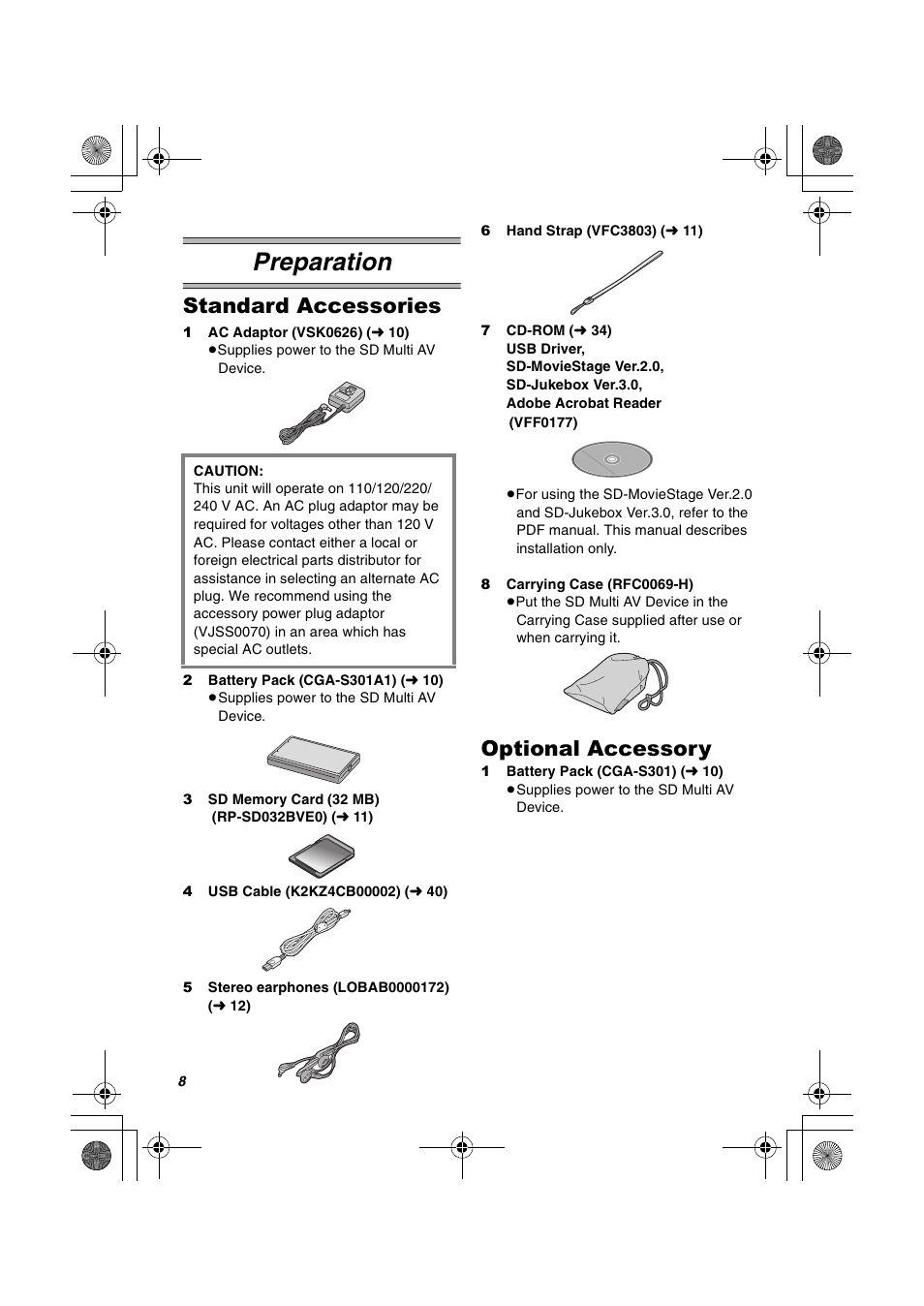Preparation, Standard accessories, Optional accessory | Panasonic SV-AV20U User Manual | Page 8 / 62