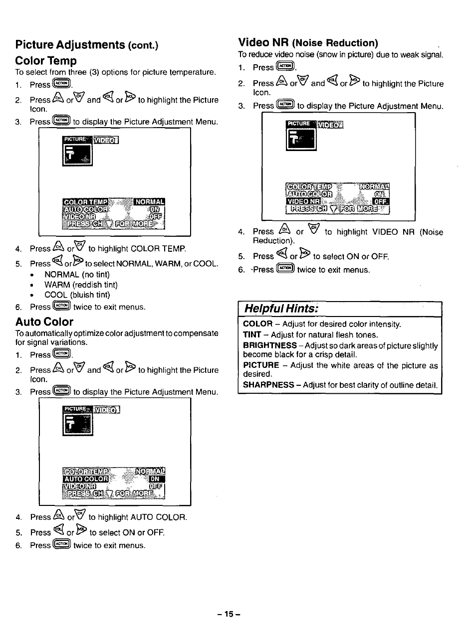 Picture adjustments (cont.), Color temp, Auto color | Video nr (noise reduction), Picture adjustments, Video nr, Helpful hints | Panasonic CT-31SF14 User Manual | Page 15 / 36