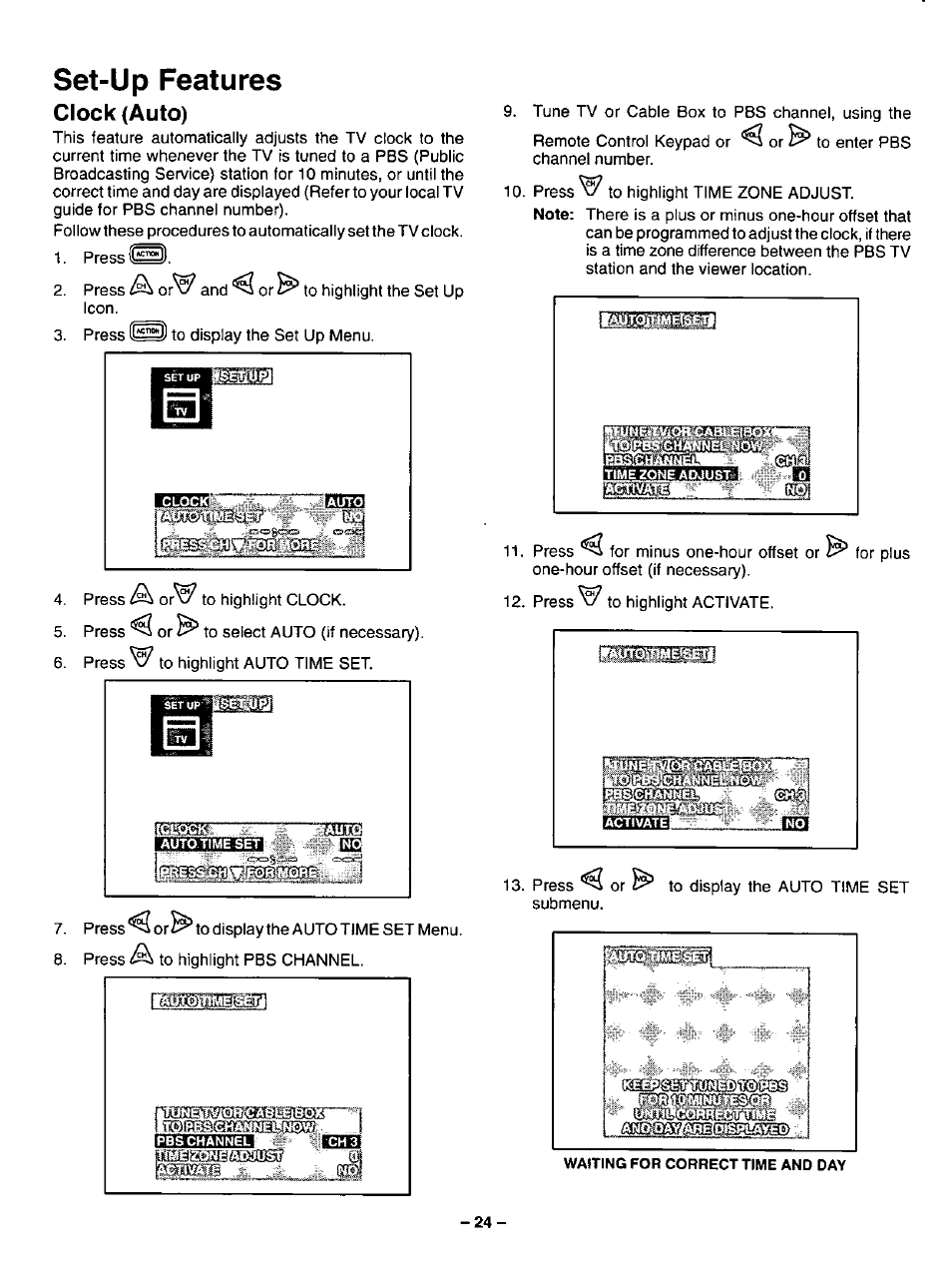 Set-up features, Clock (auto) | Panasonic CT-31SF14 User Manual | Page 24 / 36