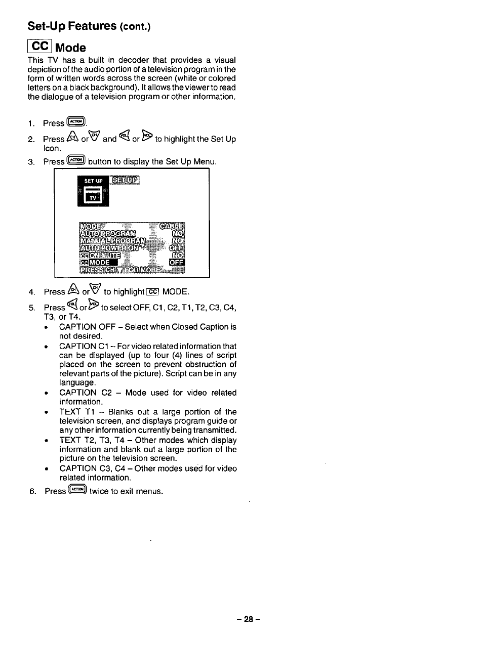 Cc| mode, Set-up features | Panasonic CT-31SF14 User Manual | Page 28 / 36