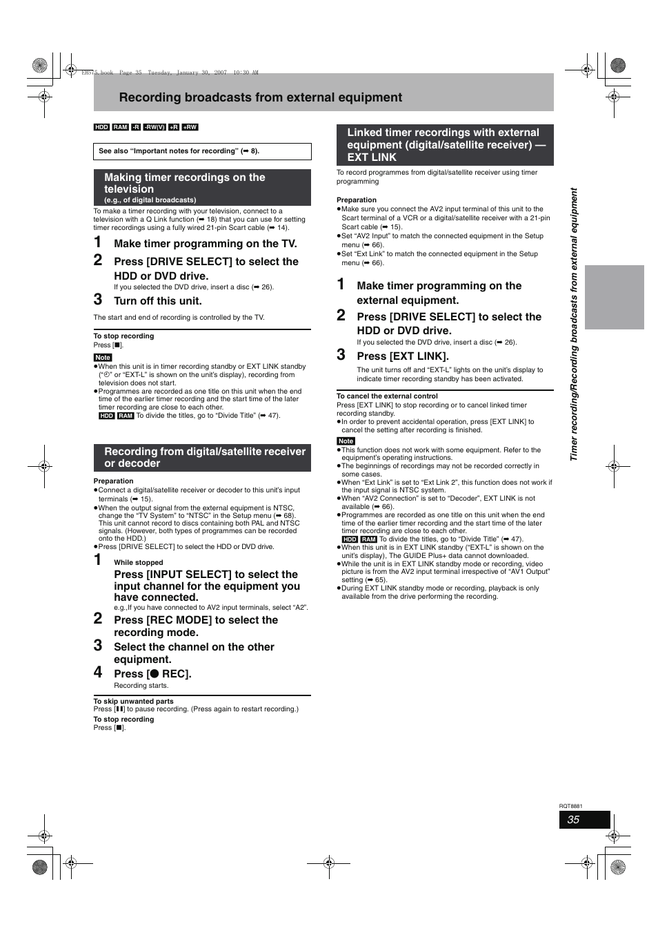 Recording broadcasts from external equipment | Panasonic DMR-EH575 User Manual | Page 35 / 84