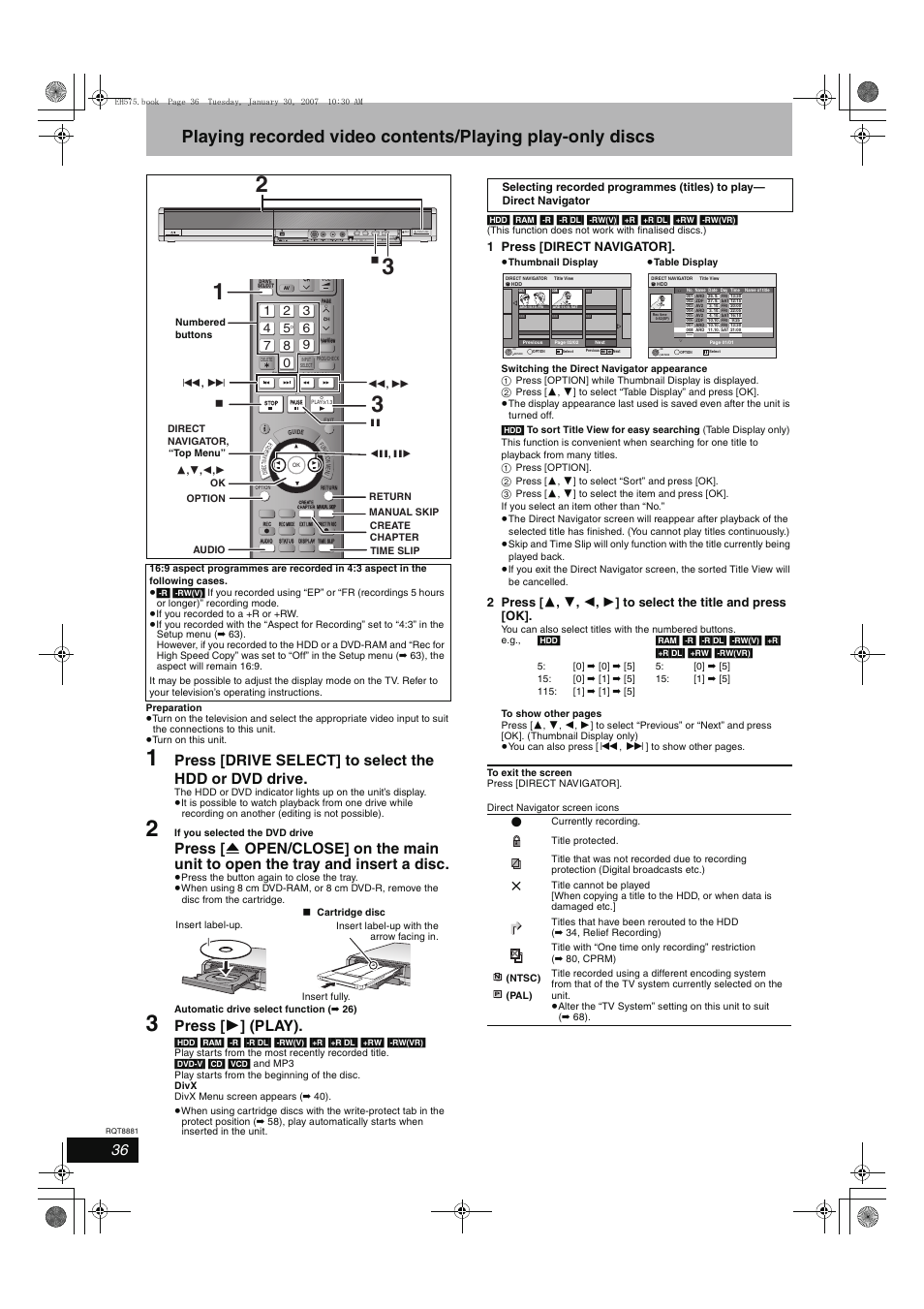 Press [ 1 ] (play), 1 press [direct navigator | Panasonic DMR-EH575 User Manual | Page 36 / 84