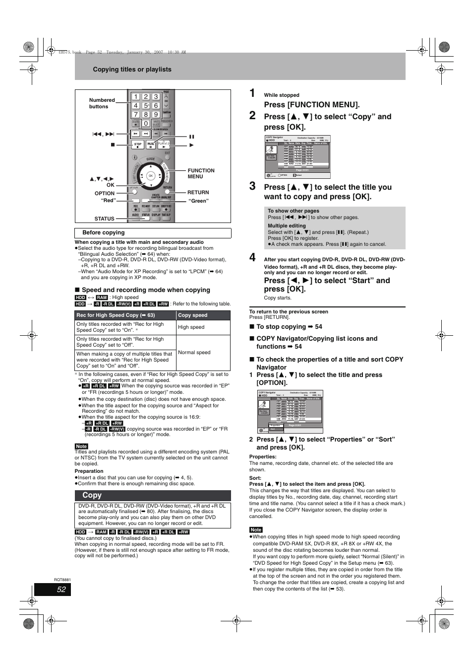 Press [function menu, Press [ 3 , 4 ] to select “copy” and press [ok, Press [ 2 , 1 ] to select “start” and press [ok | Copy, Copying titles or playlists, Speed and recording mode when copying | Panasonic DMR-EH575 User Manual | Page 52 / 84