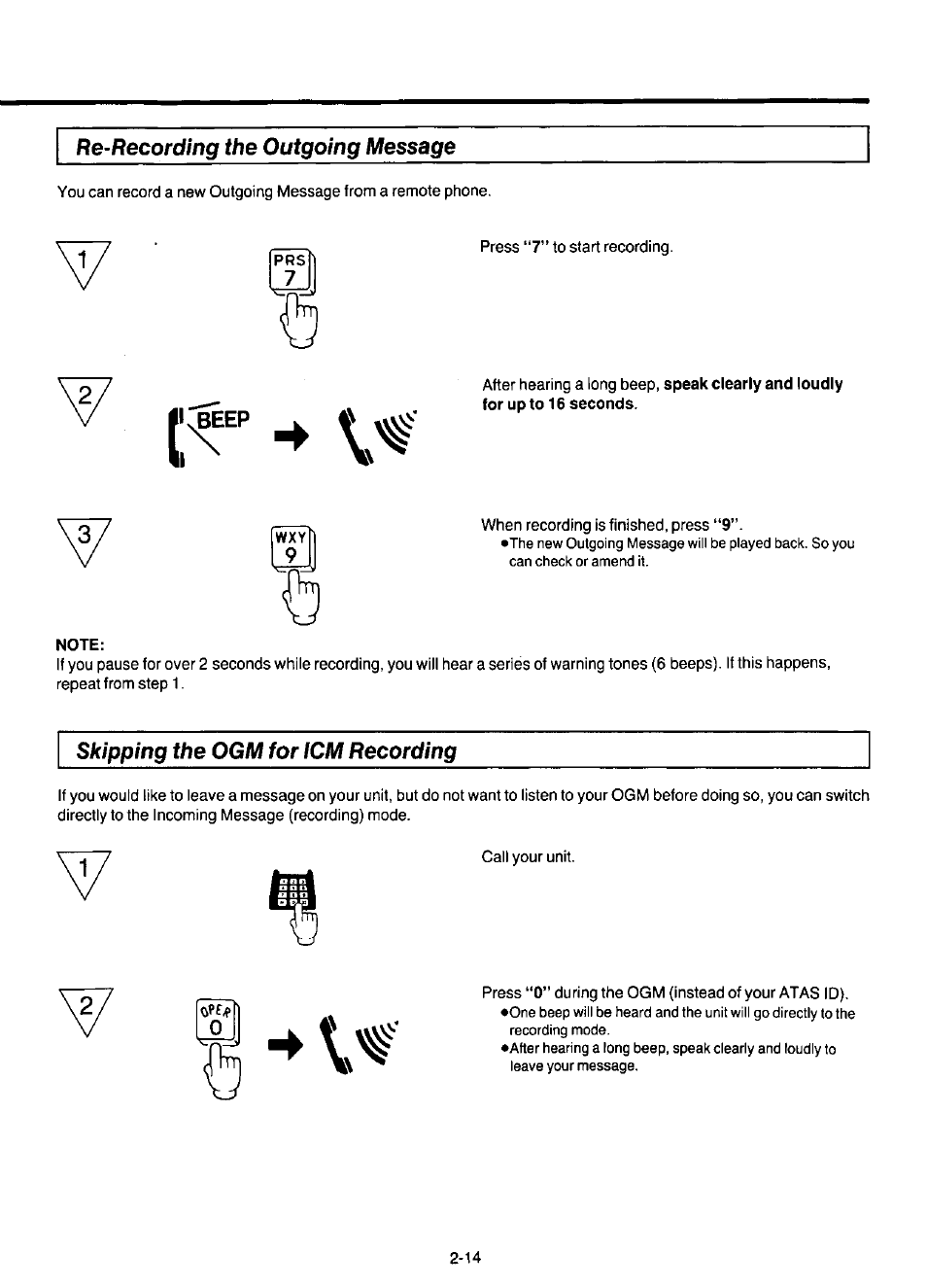 Re-recording the outgoing message, Note, Skipping the ogm for icm recording | Panasonic KX-F220 User Manual | Page 101 / 132