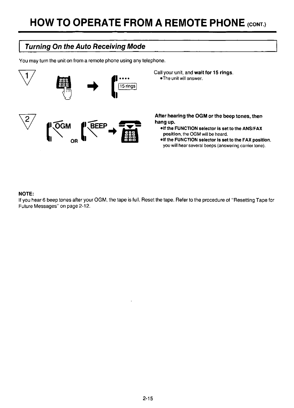 Turning on the auto receiving mode, Note, How to operate from a remote phone | Panasonic KX-F220 User Manual | Page 102 / 132