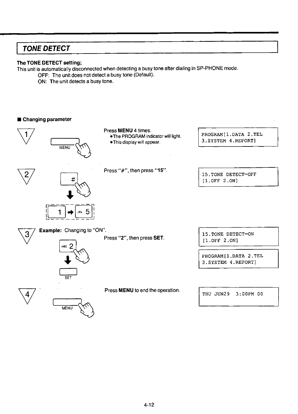 The tone detect setting, Changing parameter, Tone detect | Panasonic KX-F220 User Manual | Page 121 / 132