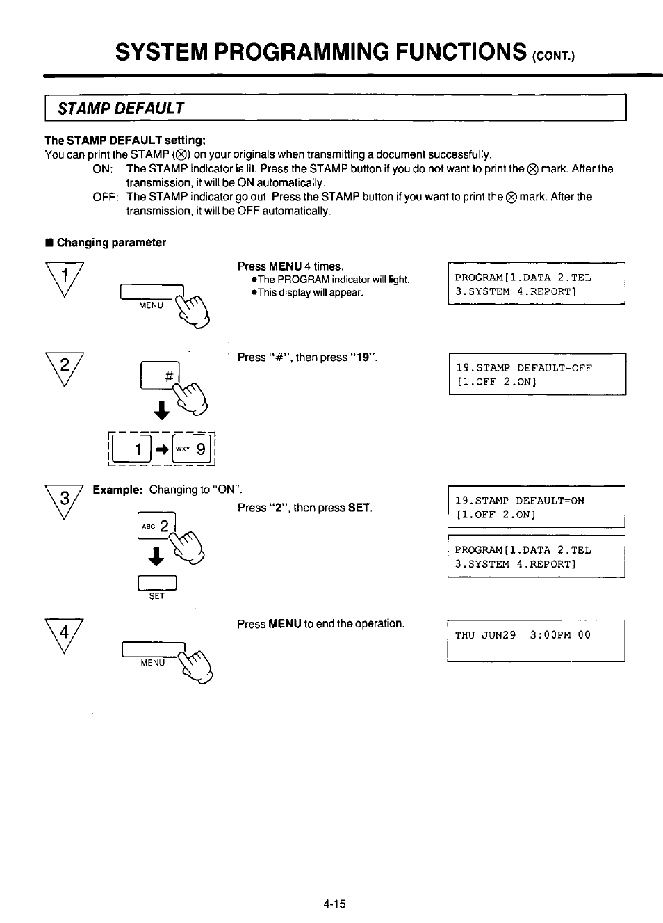 Stamp default, The stamp default setting, Changing parameter | System programming functions | Panasonic KX-F220 User Manual | Page 124 / 132