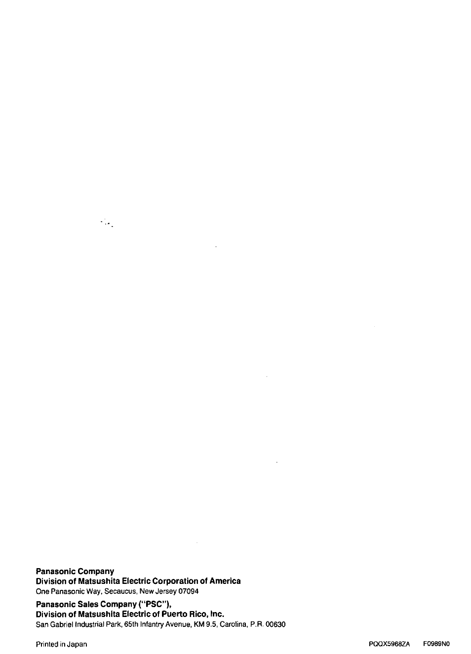 Panasonic company, Panasonic saies company (“psc”) | Panasonic KX-F220 User Manual | Page 132 / 132