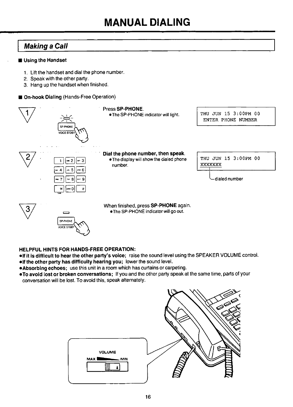 Manual dialing, Making a calf, Using the handset | Helpful hints for hands-free operation, Making a call, C3ei]ei, 51i qqq qqdl | Panasonic KX-F220 User Manual | Page 17 / 132