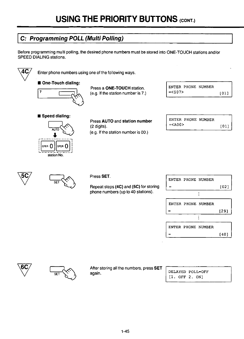 C; programming poll (multi polling), Programming poll (multi polling), Using the priority buttons | Panasonic KX-F220 User Manual | Page 66 / 132