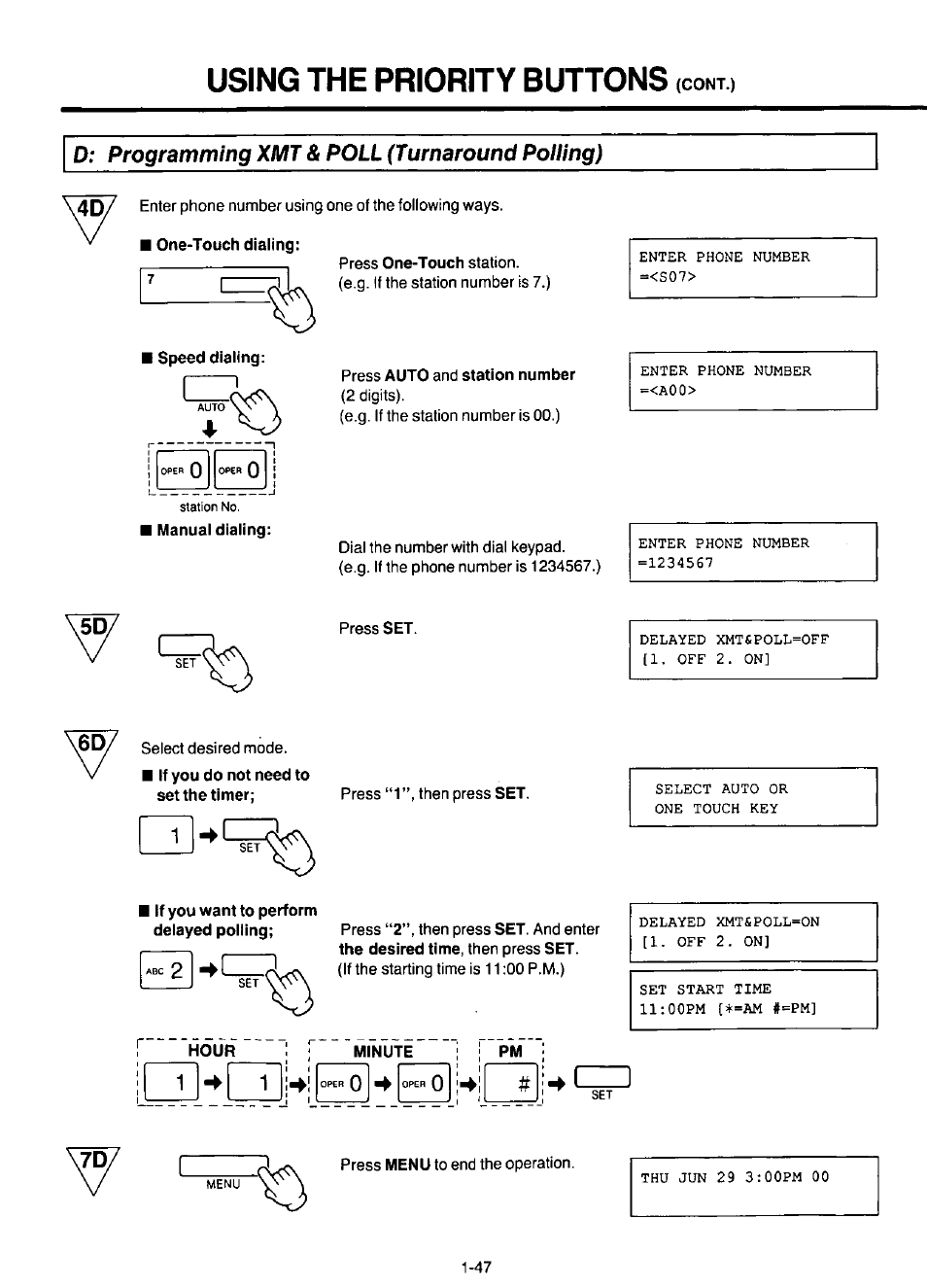 D; programming xmt & poll (turnaround polling), One-touch dialing, Press auto and station number | If you do not need to set the timer, If you want to perform delayed polling, Programming xmt & poll (turnaround polling), Using the priority buttons | Panasonic KX-F220 User Manual | Page 68 / 132