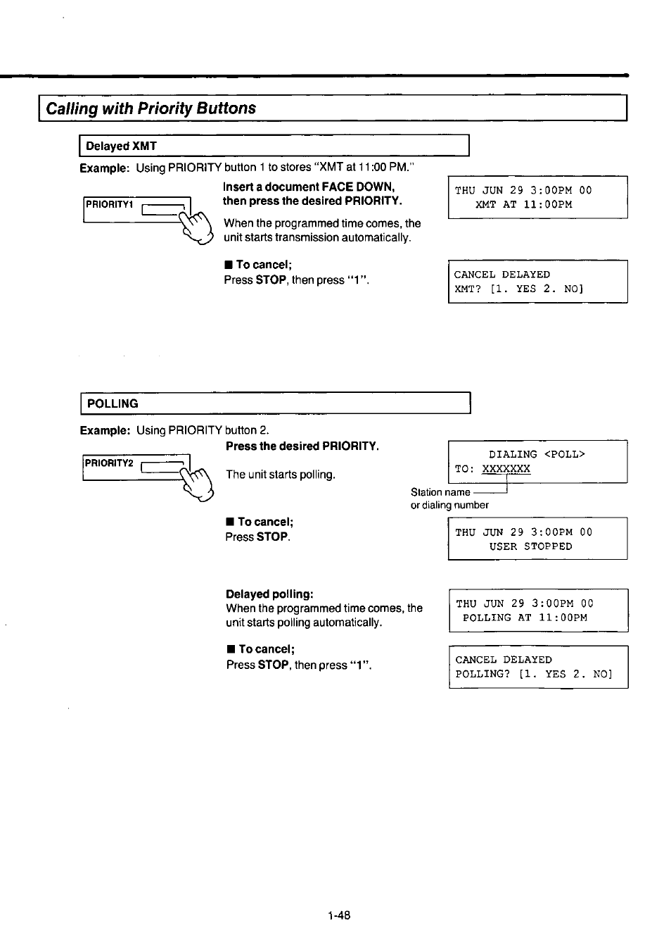 Calling with priority buttons, Delayed xmt, To cancel | Delayed polling, Using the priority buttons -41 | Panasonic KX-F220 User Manual | Page 69 / 132