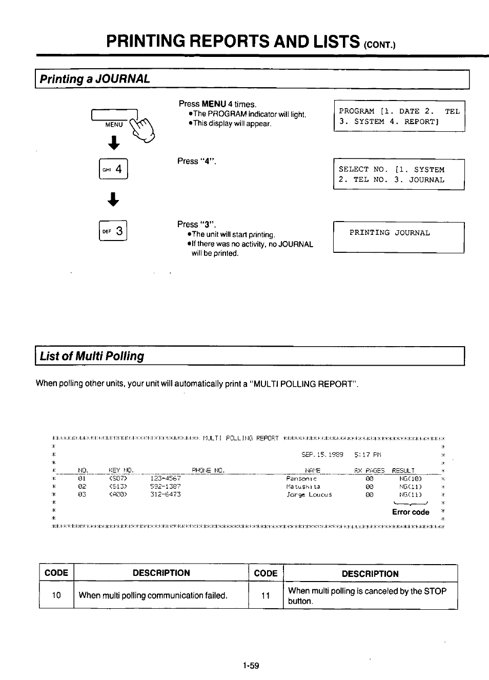 Printing reports and lists, Printing a journal, List of multi roiling | Panasonic KX-F220 User Manual | Page 80 / 132