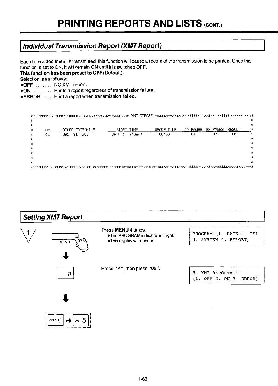 Printing reports and lists, Individual transmission report (kmt report), Setting xmt report | Panasonic KX-F220 User Manual | Page 84 / 132